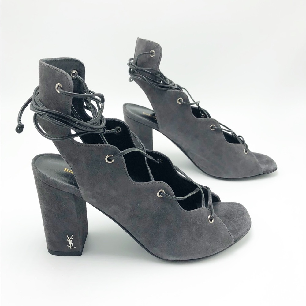 NEW Saint Laurent 6.5 Gray Suede “Babies” Lace-up Tie Block Heels Sandals 3.5”